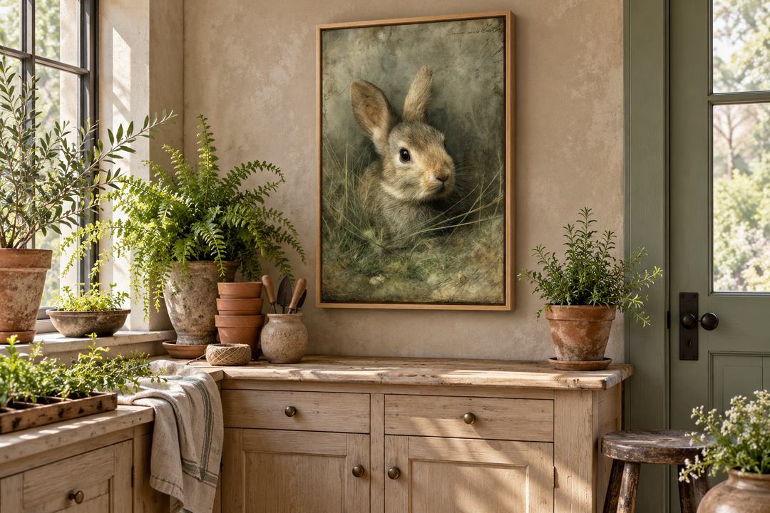 Vintage bunny portrait on canvas in a light oak floating frame, hanging in a rustic potting room.