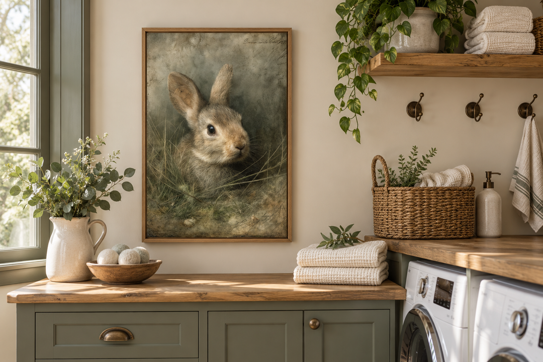 Vintage rabbit portrait wall art in a wooden frame above a laundry room counter.