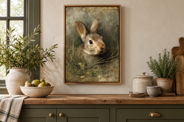 Vintage rabbit portrait canvas wall art in a wood frame above a rustic kitchen counter.
