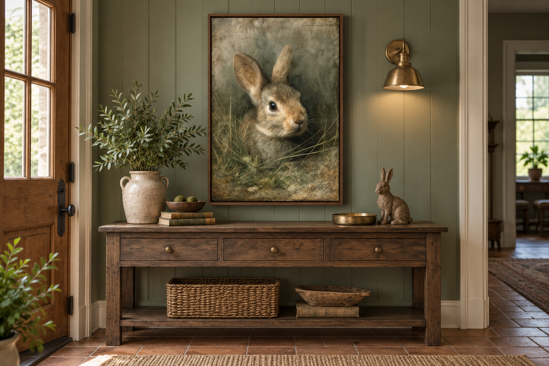 Vintage rabbit portrait canvas wall art in a walnut floating frame above a wooden console table.
