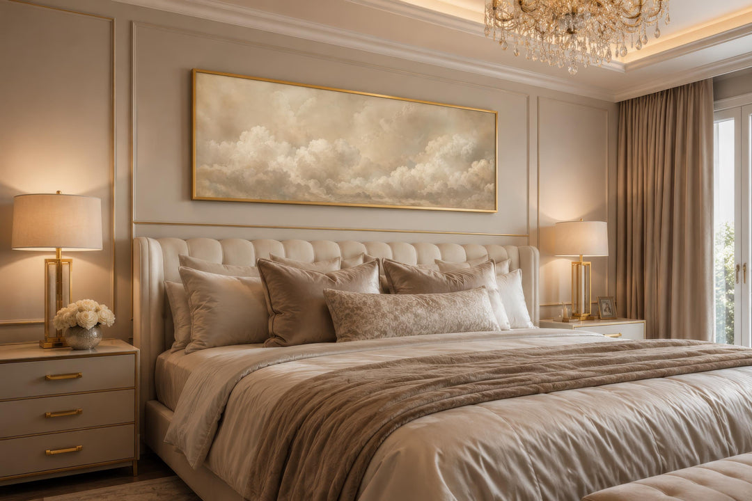 Long narrow horizontal canvas art of white clouds on a beige background above a tufted bed headboard.