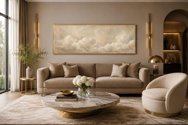 Long horizontal wall art featuring three-dimensional white clouds on a warm beige background.