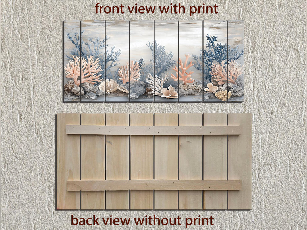 Front and back views of a coral-themed print on a multi-panel distressed wood wall art piece.