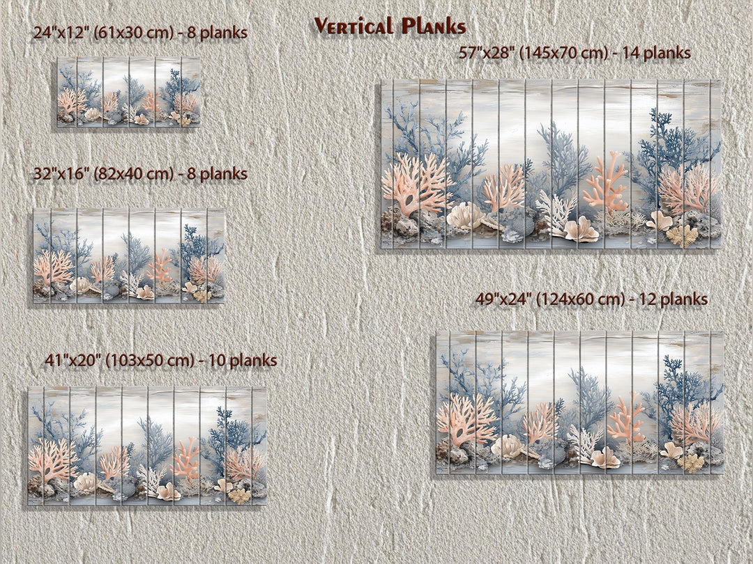 Neutral coral and blue coastal scene printed on vertical wood planks in five size options.