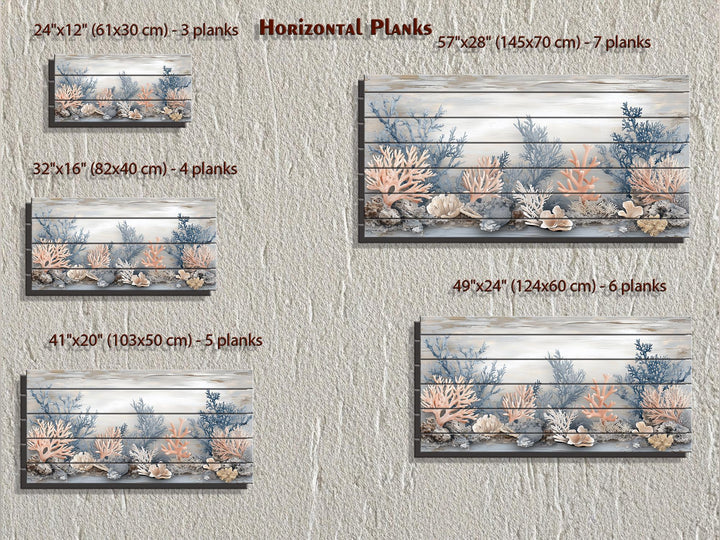 Five sizes of horizontal wood wall art featuring coral in beige, blue, and peach tones.