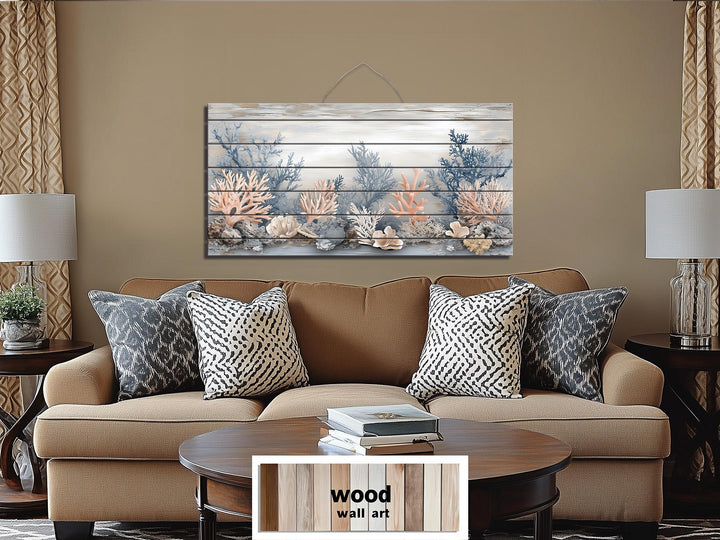 Coastal coral scene printed on distressed wood planks, featuring beige, blue, and peach tones.