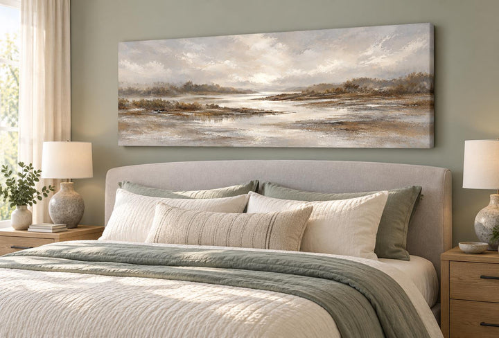 Neutral earth tones river landscape long horizontal canvas wall art hanging above a bed.