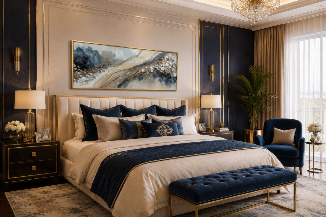 Horizontal abstract canvas wall art in neutral grey, beige, and gold above a luxury bed.