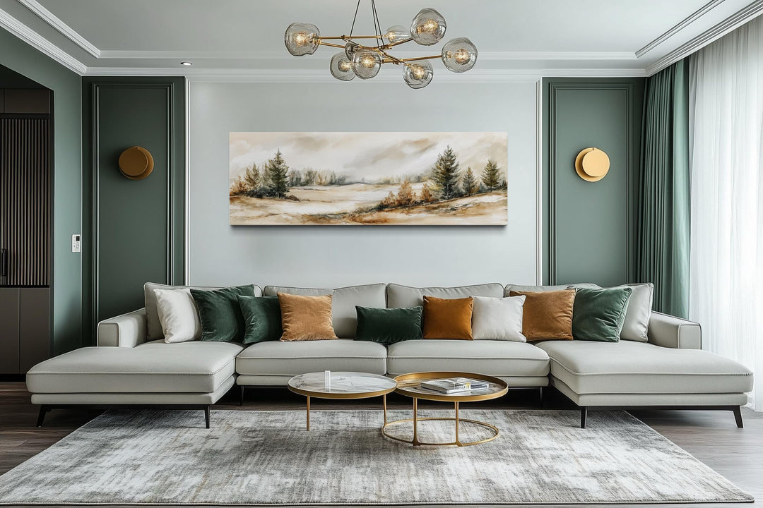 Panoramic neutral landscape canvas print featuring beige and green tones above a modern sofa.