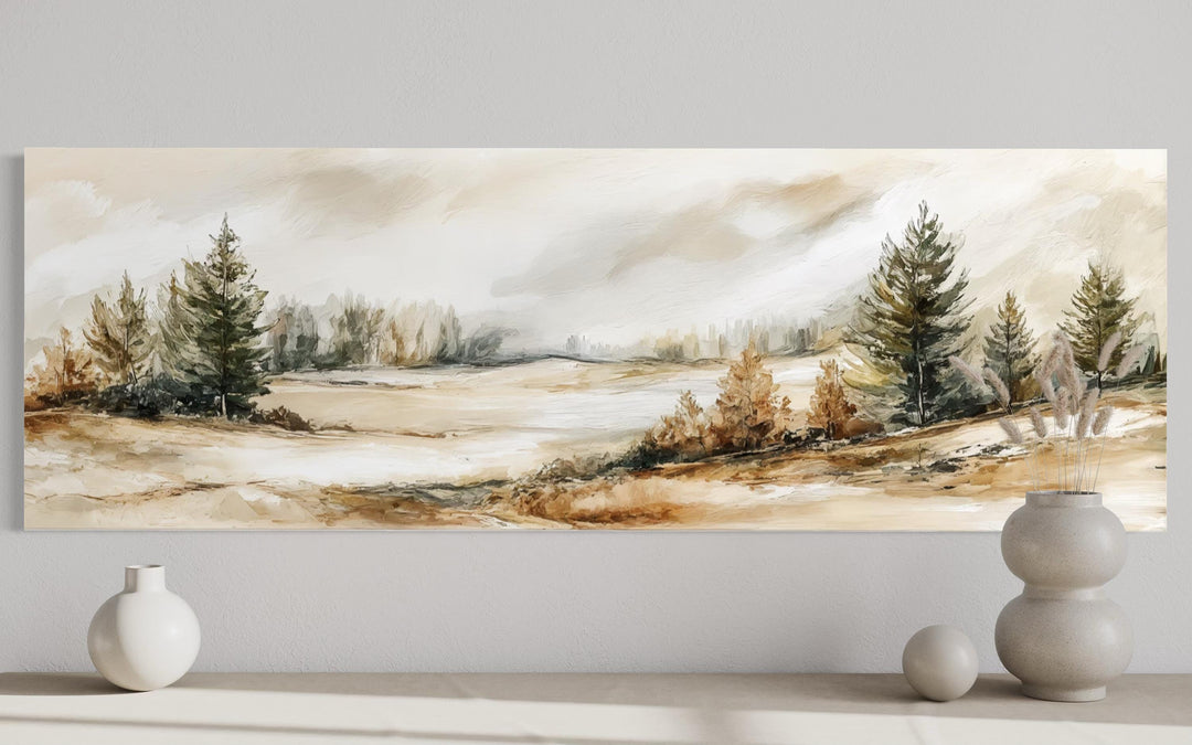 Panoramic canvas print of a neutral landscape with beige and green trees in a minimalist style.