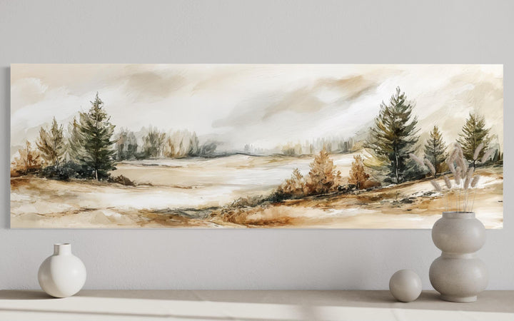 Panoramic canvas print of a neutral landscape with beige and green trees in a minimalist style.