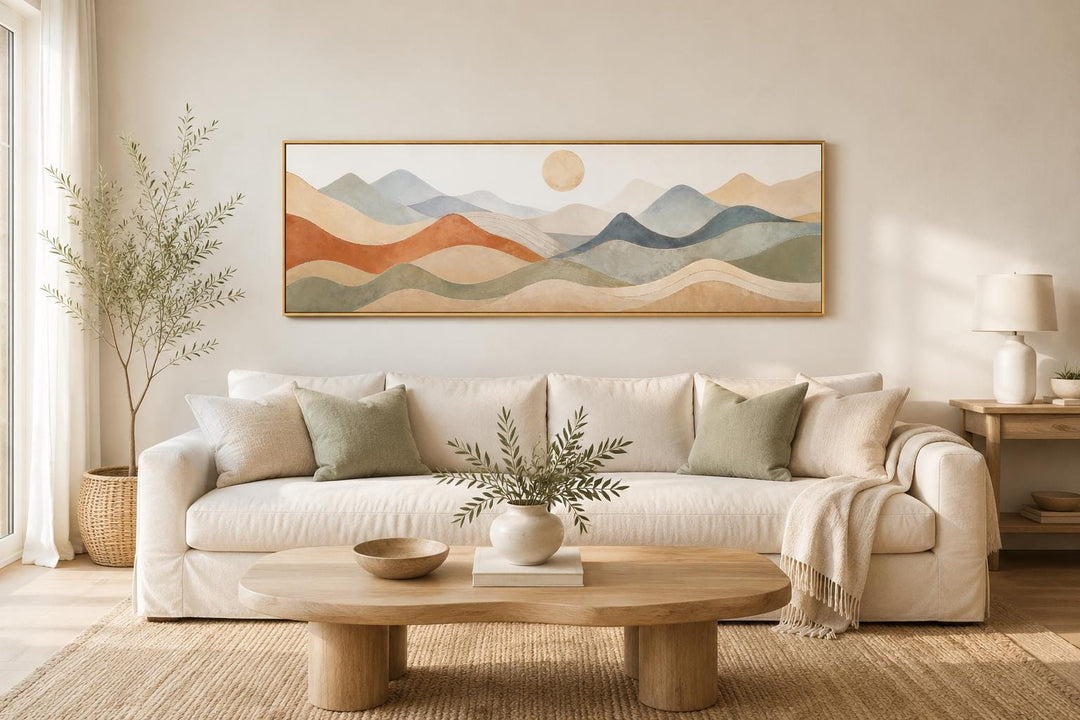 Long horizontal panoramic canvas of neutral layered mountains above a white sofa in a living room.