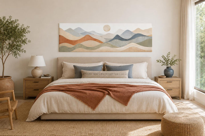 Long horizontal panoramic canvas art of layered mountains in neutral tones above a bed.