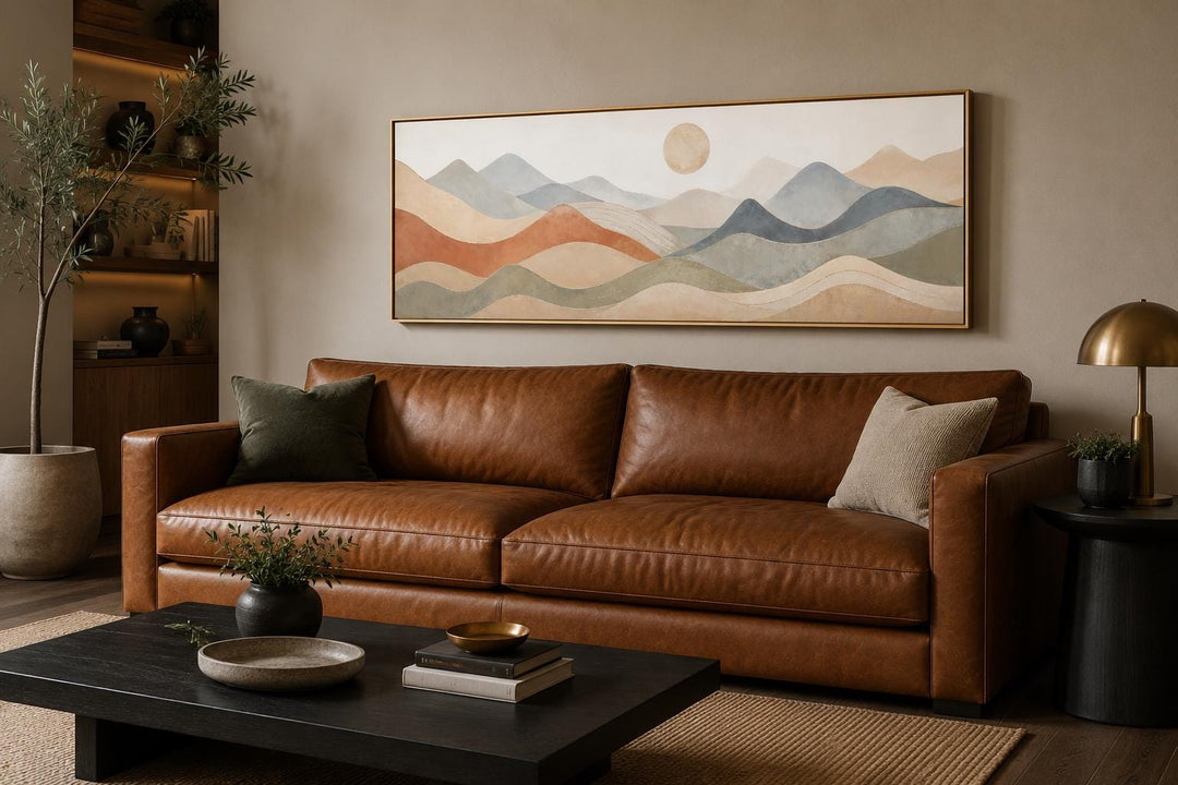 Panoramic canvas art with layered mountains in taupe and blue-grey above a brown leather sofa.