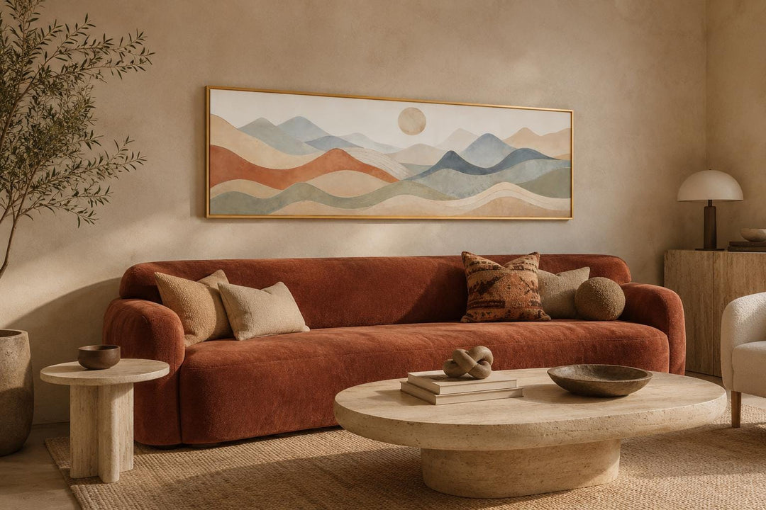 Long horizontal panoramic canvas art featuring layered abstract mountains in neutral earth tones.