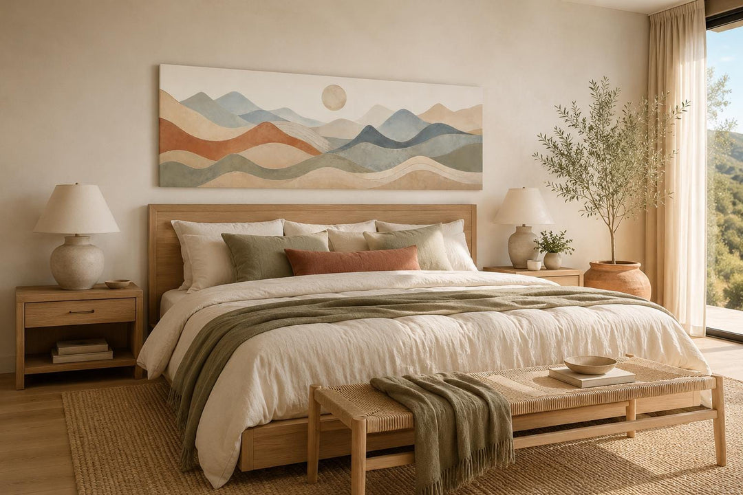 Long horizontal panoramic canvas art of layered mountains in neutral tones above a wooden bed.