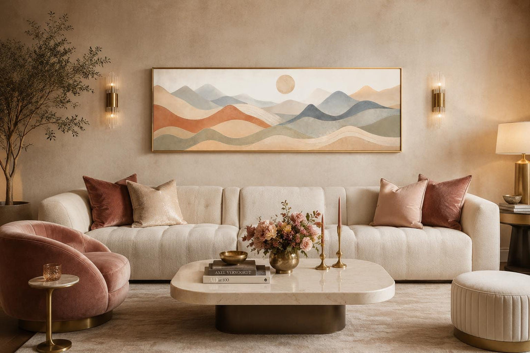 Long horizontal panoramic canvas art featuring layered mountain silhouettes in neutral tones.