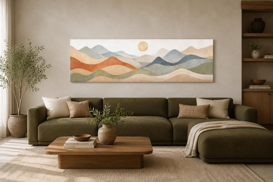 Panoramic mountain landscape canvas art in neutral tones hanging above a green sectional sofa.