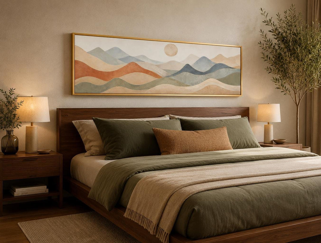 Long horizontal panoramic canvas of layered mountains in neutral tones above a wooden bed frame.
