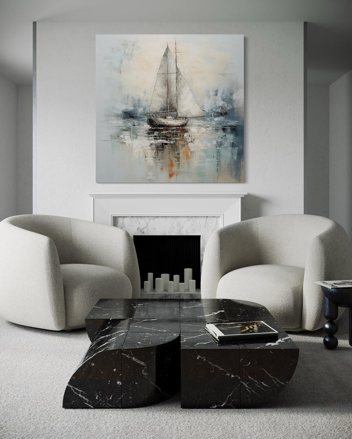 Neutral Light Blue Square Sailboat Wall Art