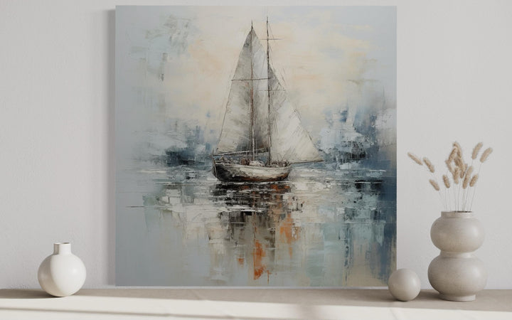 Neutral Light Blue Square Sailboat Wall Art