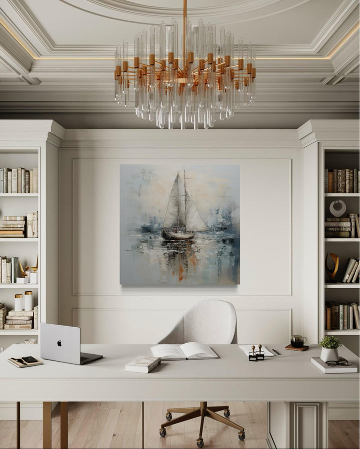Neutral Light Blue Square Sailboat Wall Art