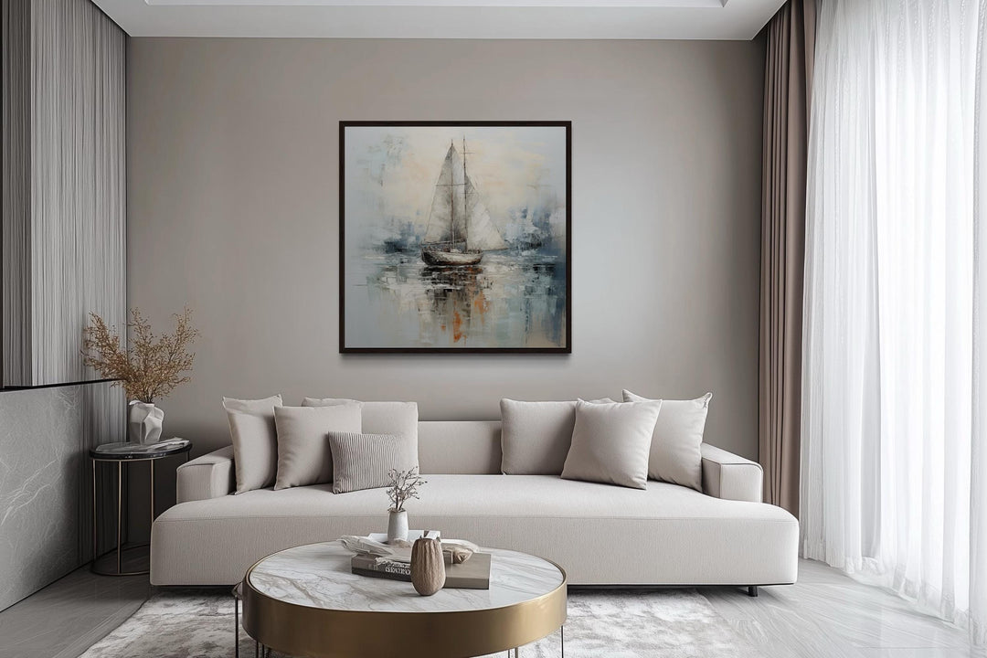 Neutral Light Blue Square Sailboat Wall Art