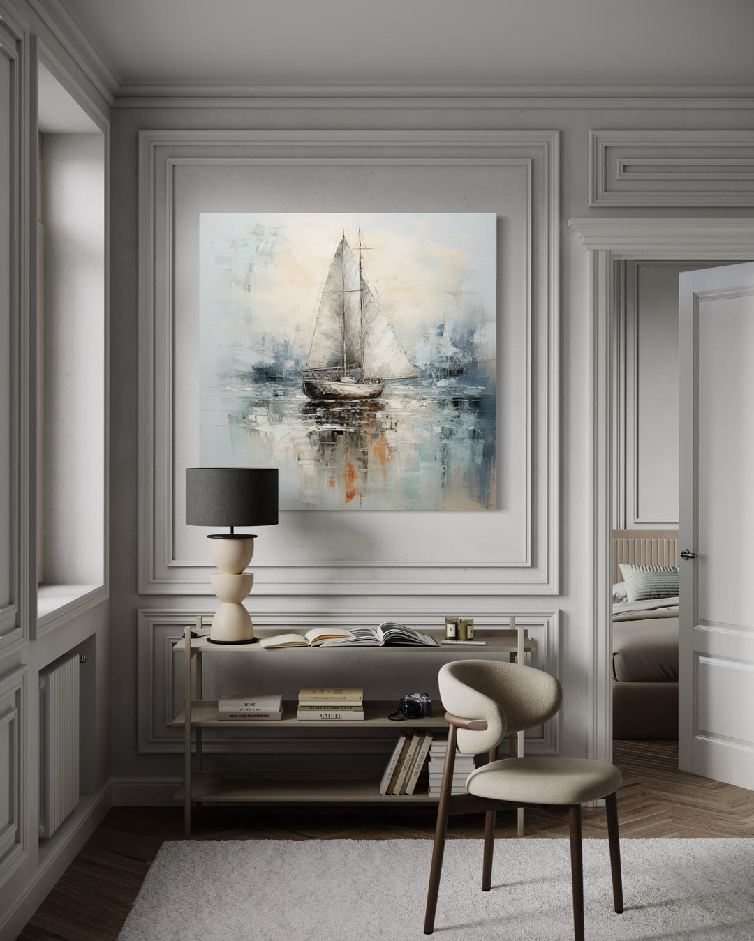 Neutral Light Blue Square Sailboat Wall Art