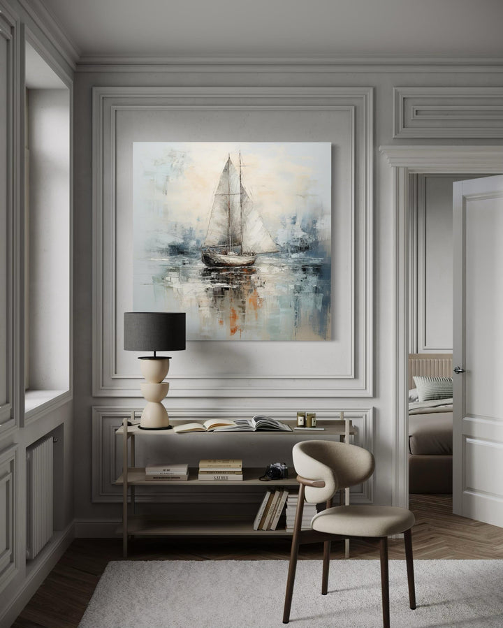 Neutral Light Blue Square Sailboat Wall Art