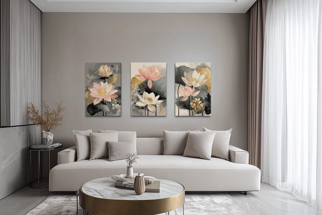 Neutral Lotus Wall Art – Blush Gold Botanical Canvas Triptych Set | Modern Floral Decor