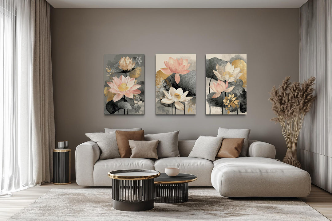 Neutral Lotus Wall Art – Blush Gold Botanical Canvas Triptych Set | Modern Floral Decor