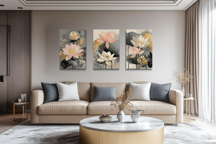 Neutral Lotus Wall Art – Blush Gold Botanical Canvas Triptych Set | Modern Floral Decor