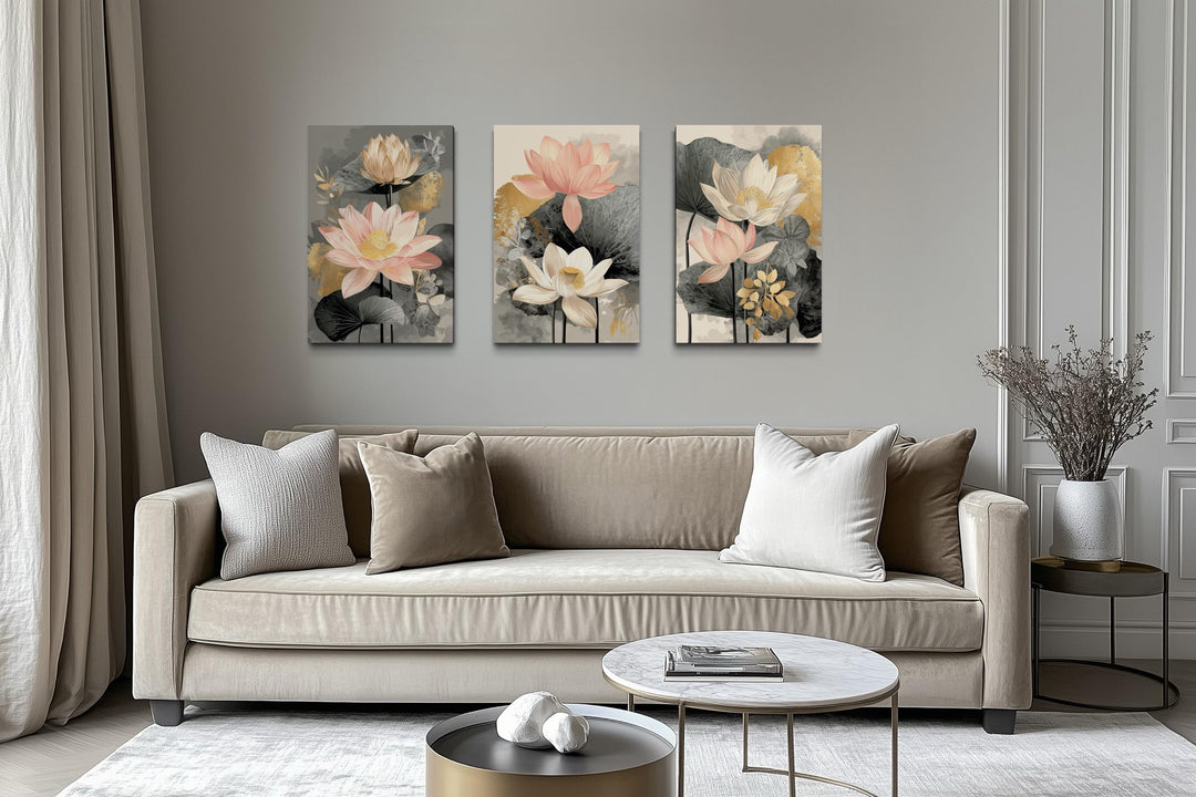 Neutral Lotus Wall Art – Blush Gold Botanical Canvas Triptych Set | Modern Floral Decor