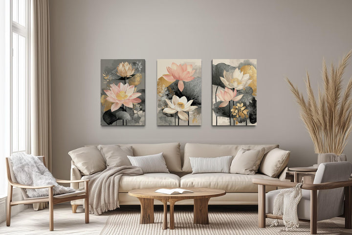 Neutral Lotus Wall Art – Blush Gold Botanical Canvas Triptych Set | Modern Floral Decor
