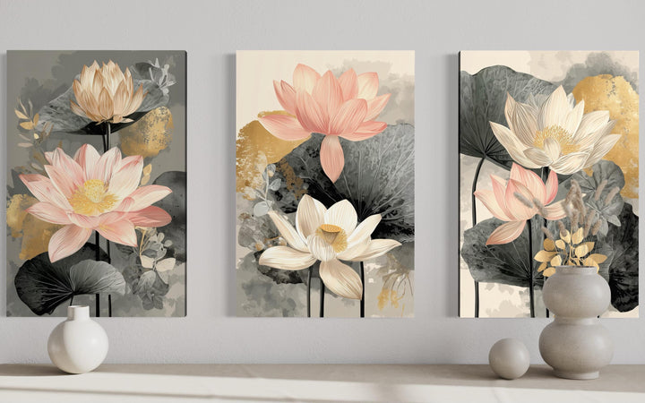 Neutral Lotus Wall Art – Blush Gold Botanical Canvas Triptych Set | Modern Floral Decor