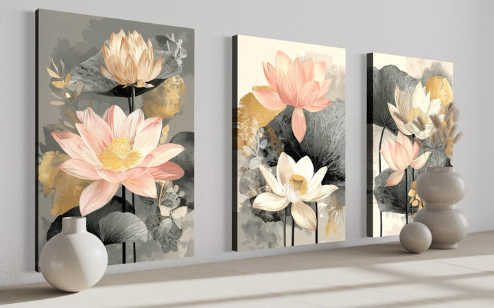 Neutral Lotus Wall Art – Blush Gold Botanical Canvas Triptych Set | Modern Floral Decor