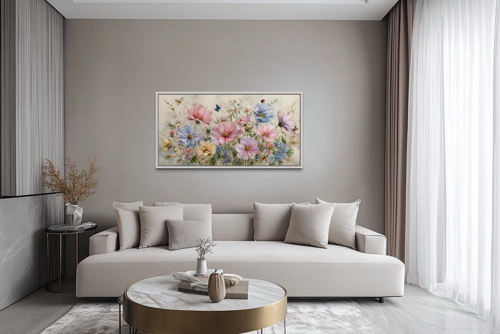 Neutral Pink and Blue Wildflower Bouquet With Butterflies, and Ladybugs Wall Art