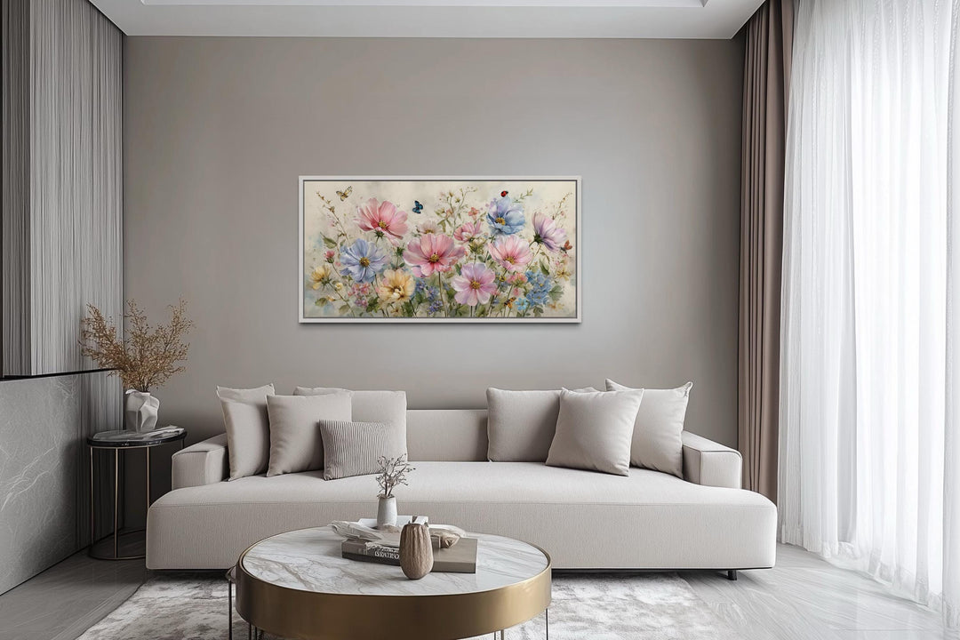 Neutral Pink and Blue Wildflower Bouquet With Butterflies, and Ladybugs Wall Art