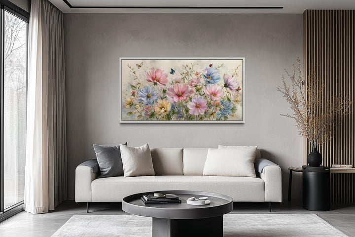 Neutral Pink and Blue Wildflower Bouquet With Butterflies, and Ladybugs Wall Art