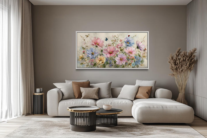 Neutral Pink and Blue Wildflower Bouquet With Butterflies, and Ladybugs Wall Art