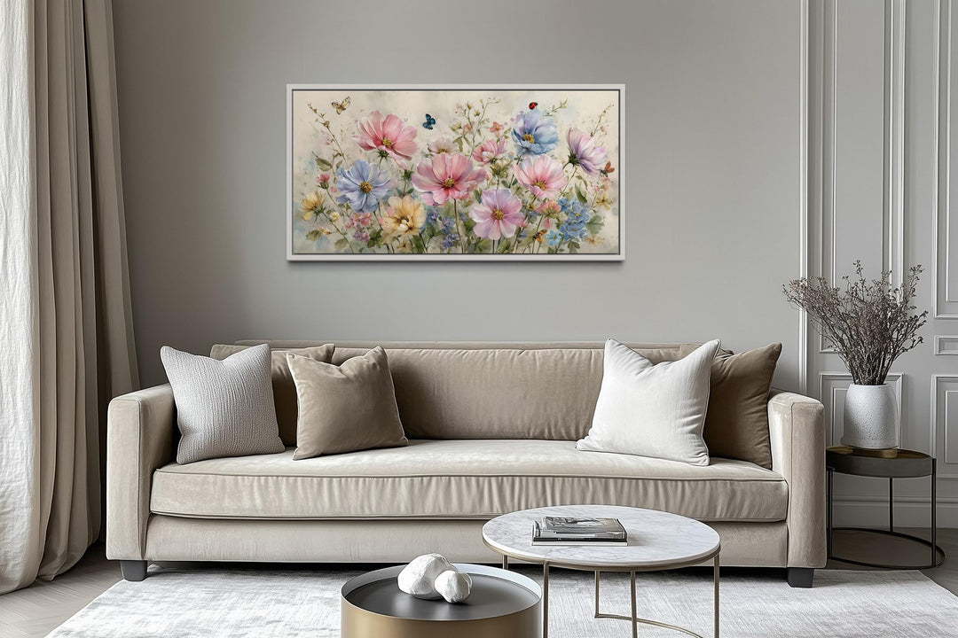 Neutral Pink and Blue Wildflower Bouquet With Butterflies, and Ladybugs Wall Art