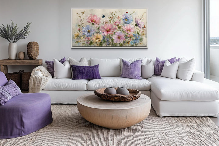 Neutral Pink and Blue Wildflower Bouquet With Butterflies, and Ladybugs Wall Art