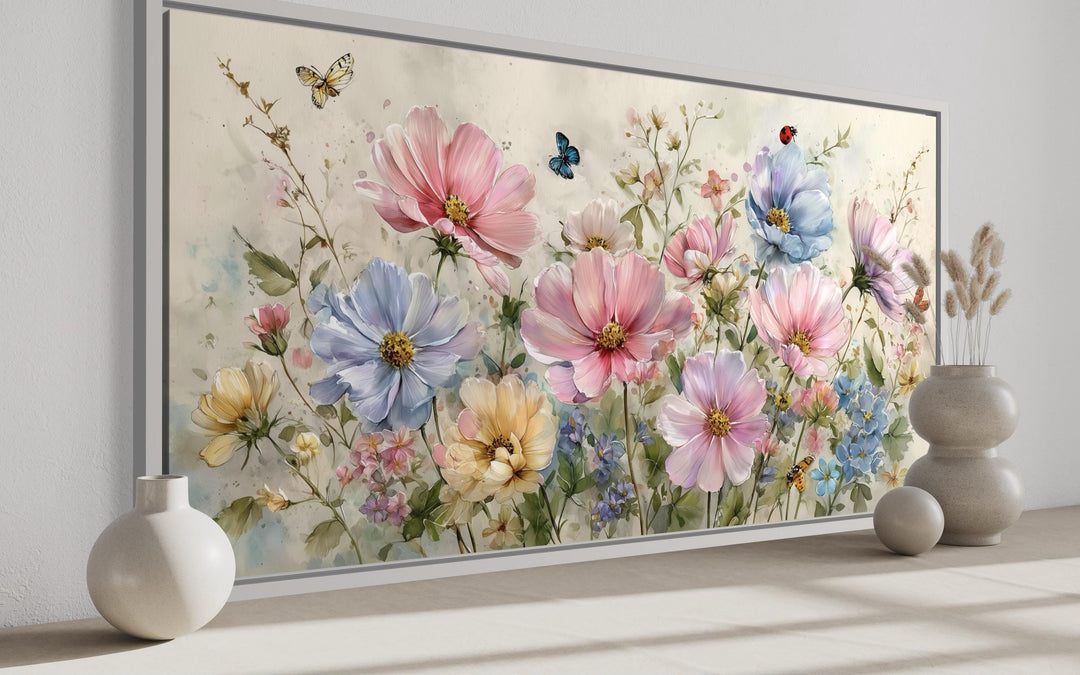 Neutral Pink and Blue Wildflower Bouquet With Butterflies, and Ladybugs Wall Art
