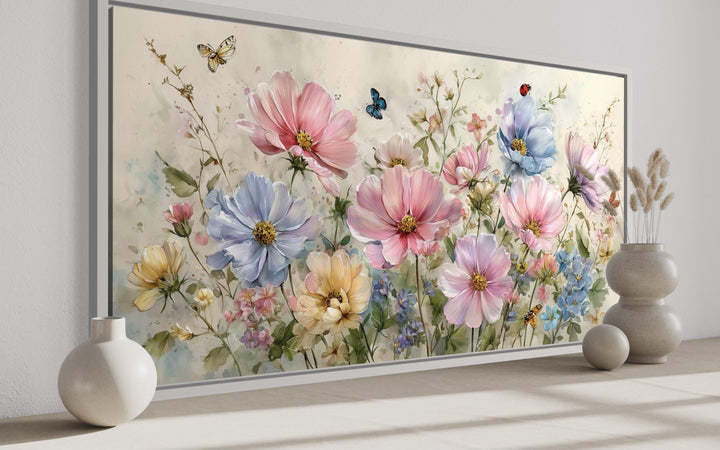 Neutral Pink and Blue Wildflower Bouquet With Butterflies, and Ladybugs Wall Art