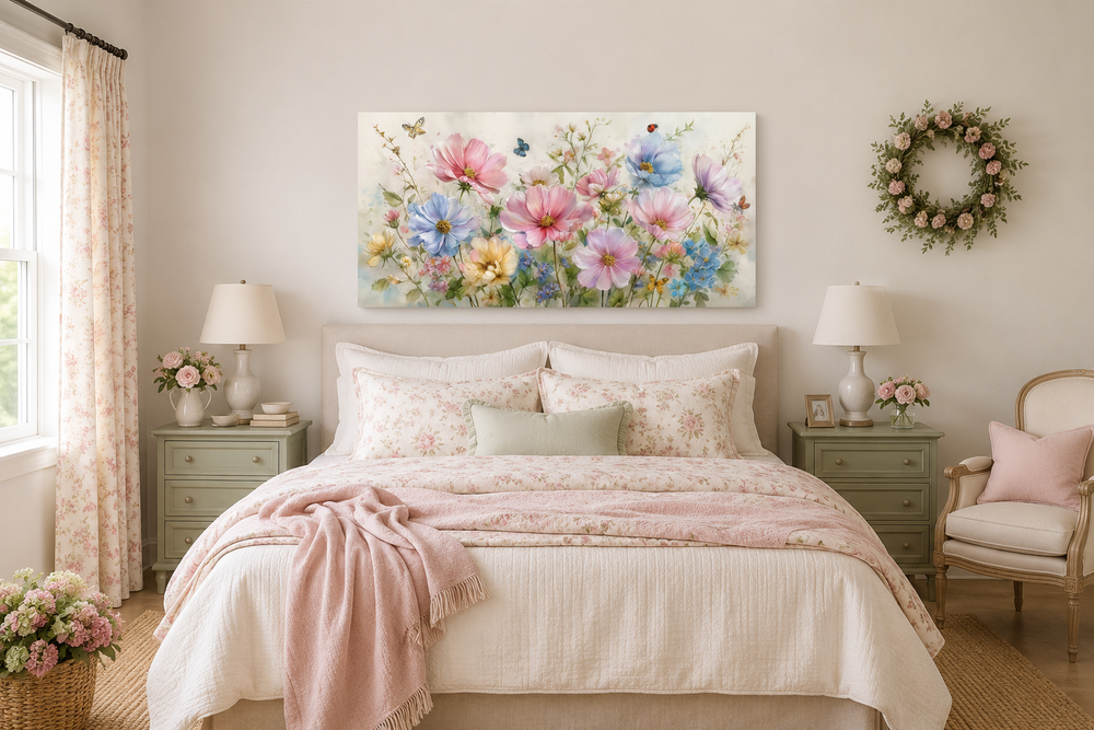 Horizontal canvas art of pink and blue wildflowers with butterflies and ladybugs above a bed.