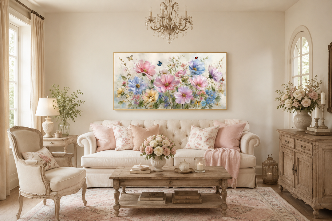 Neutral pink and blue wildflower wall art with butterflies and ladybugs above a cream sofa.