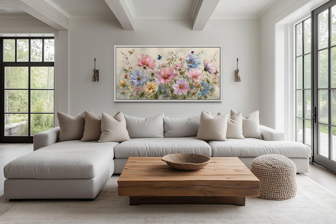 Neutral Pink and Blue Wildflower Bouquet With Butterflies, and Ladybugs Wall Art