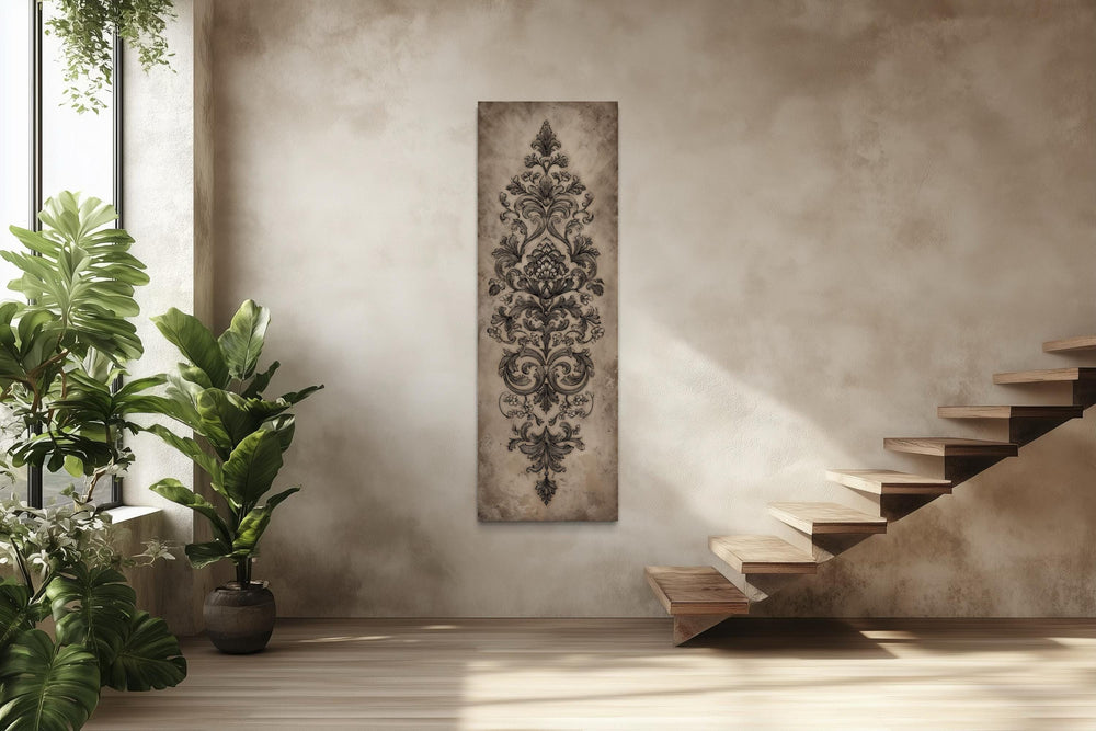 Vertical tall narrow canvas wall art featuring an antique French ornamental damask design.