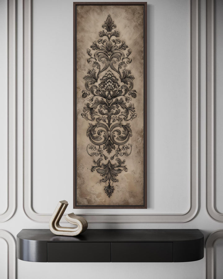 Vertical tall narrow canvas wall art featuring an antique French ornamental damask design.