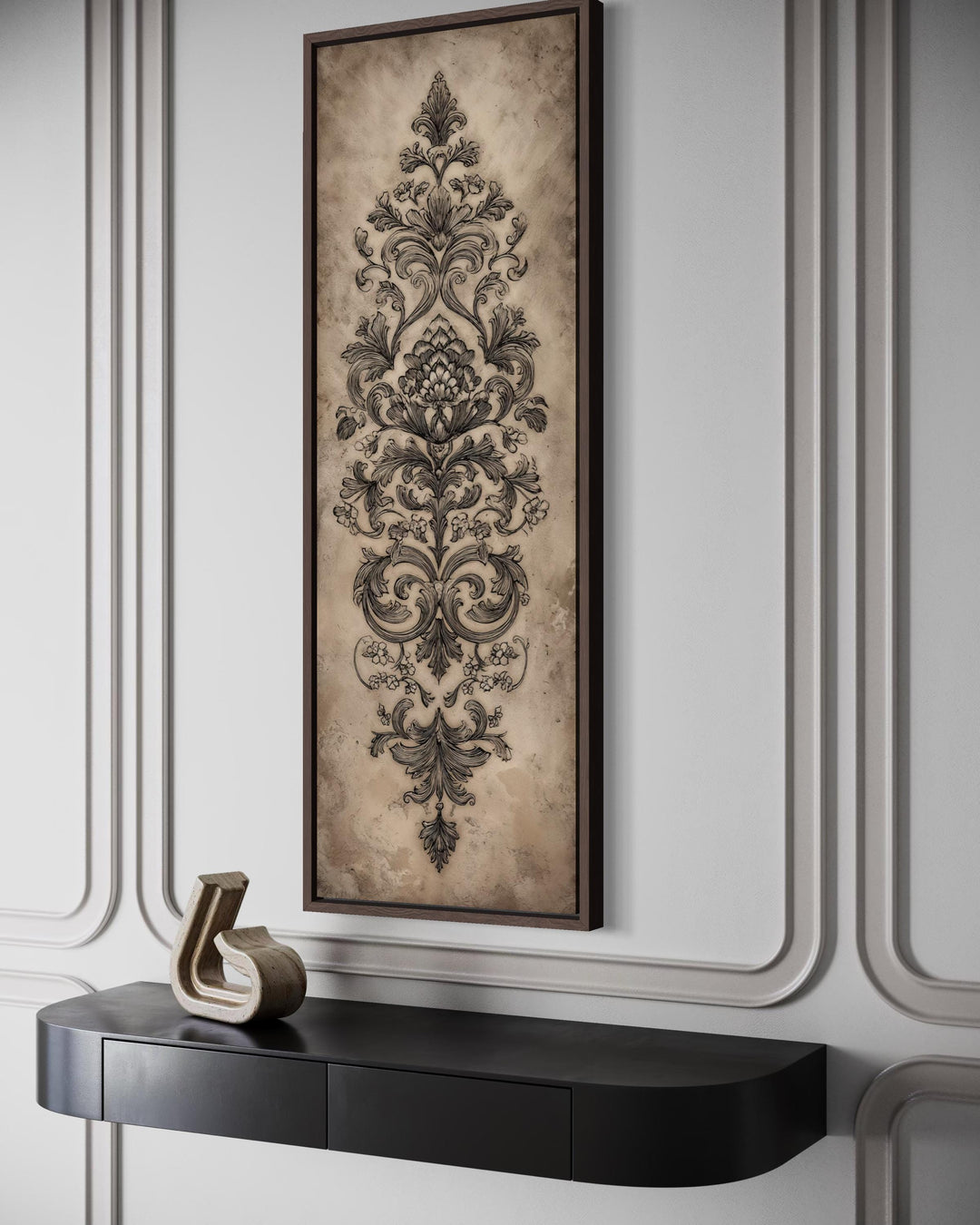 Vertical tall narrow canvas wall art featuring an antique French ornamental damask design.